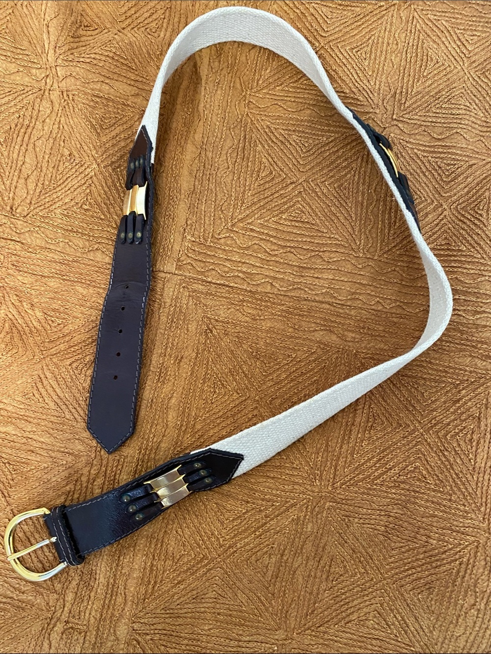 Holt Renfrew Leather Canvas web metal BELT - Picture 3 of 6